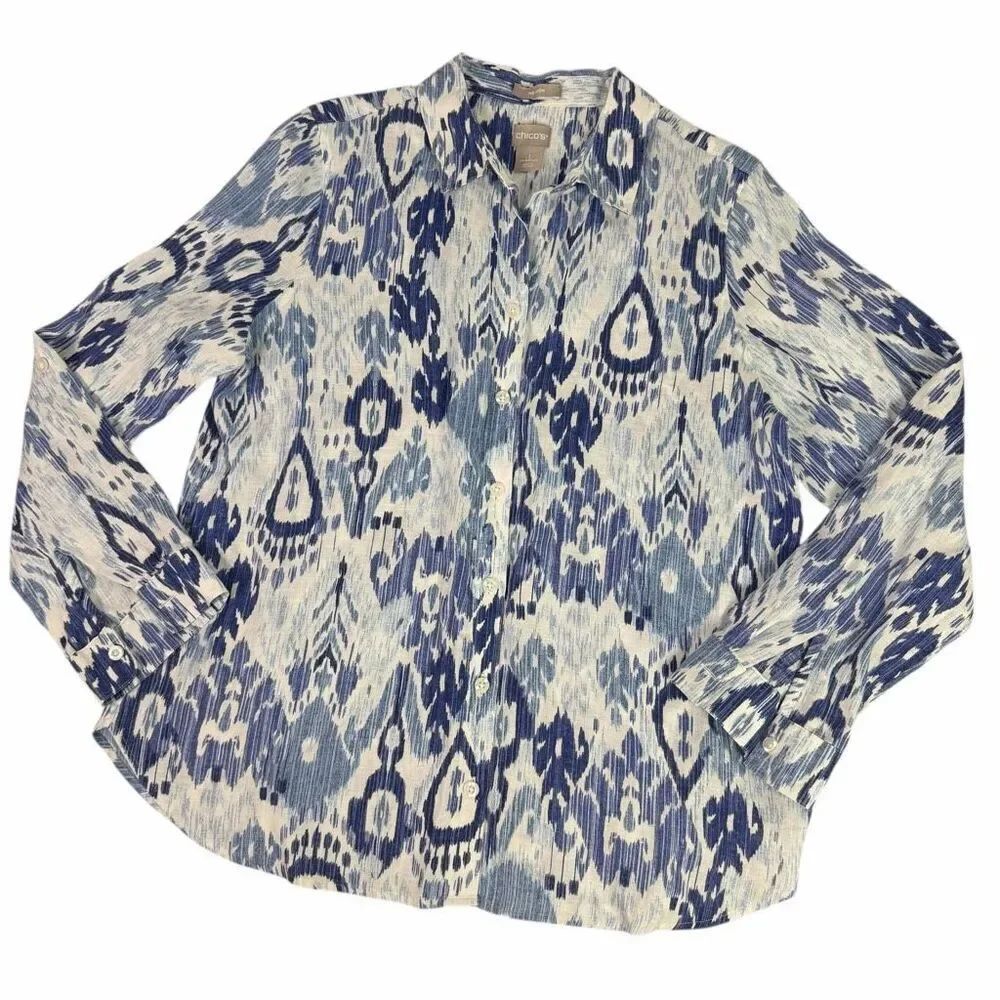 Chico's 8/10 Button Up Blue White No-Iron Linen Shirt